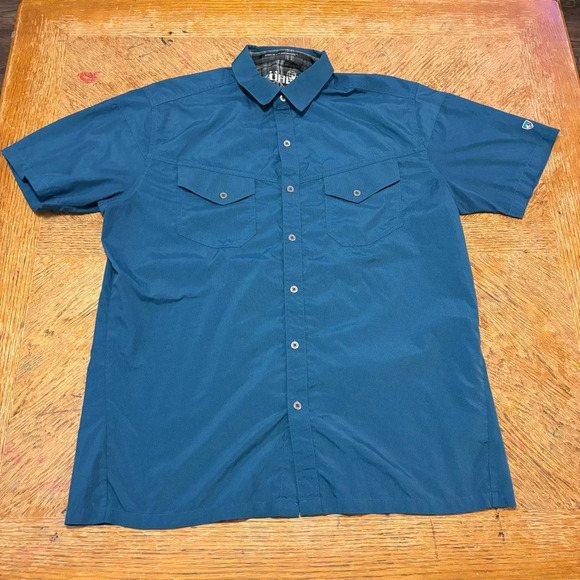 Kuhl Eluxor Short Sleeve Button Up Shirt Men Large Blue Hiking Fishing Polyester - Picture 1 of 5